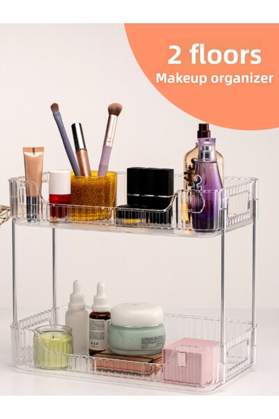 netteucuzluk منظم مكياج كريستالي شفاف مكون من طبقتين - رف حمام منظم لمستحضرات التجميل والمجوهرات والملحقات