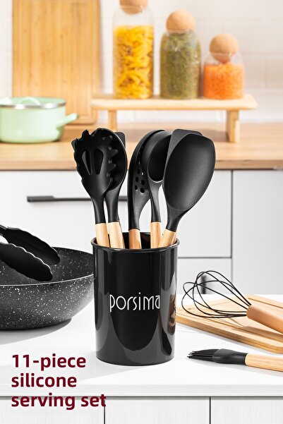 Porsima 3165 Bamboo Wooden Handle Silicone 11 Piece Serving Set Black