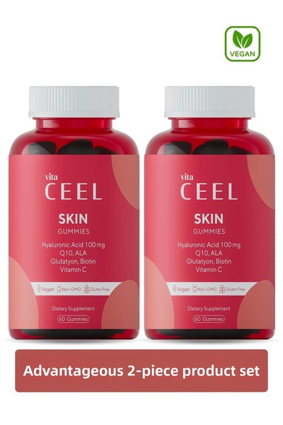 VitaCeel 2-Piece Vegan Skin Vitamin Chewable Gummy, Hyaluronic Acid, Vitamin C, Glutathione, Q10, Ala, Biotin