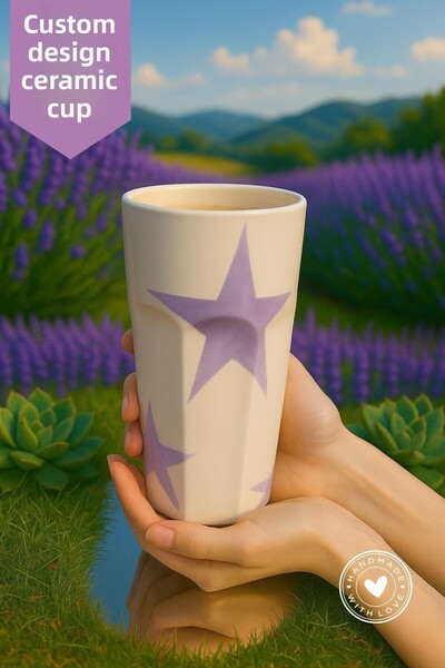 Mim and More Purple Star Patterned Handmade Ceramic Cup – Special Design