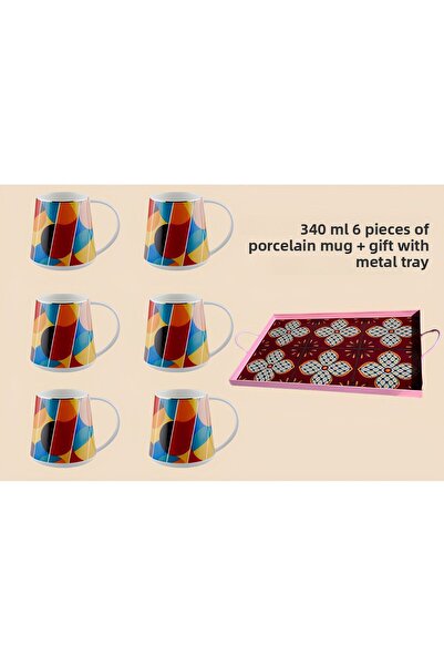 RİVO HOME DECOR The Mia Shapes Porcelain Mug 340 Cc 6 Mugs with Metal Tray Gift