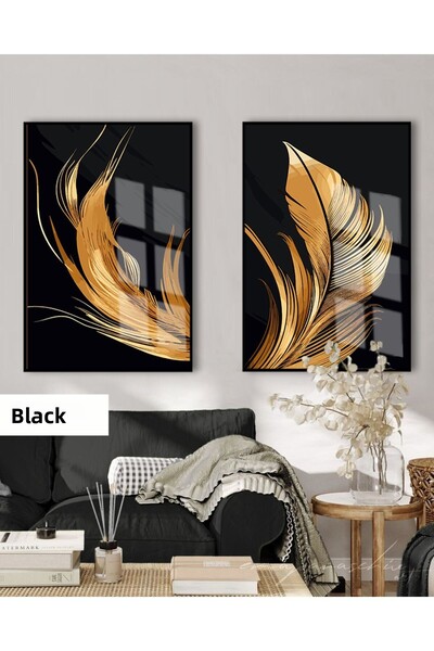 Harikabirev HARİKABİREV | (FEATHER) COMBINAT DE PĂRĂNELE NEGREȘIȘTELEAȘI ȘI AURIEȘIȘTEAȘI | TABLO DE STICLA CU CADRU 2 PIESE VERTICAL