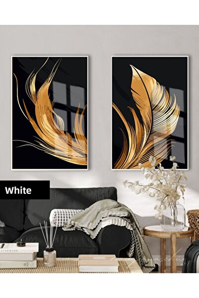 Harikabirev HARİKABİREV | (FEATHER) COMBINAT DE PĂRĂNELE NEGREȘIȘTELEAȘI ȘI AURIEȘIȘTEAȘI | TABLO DE STICLA CU CADRU 2 PIESE VERTICAL