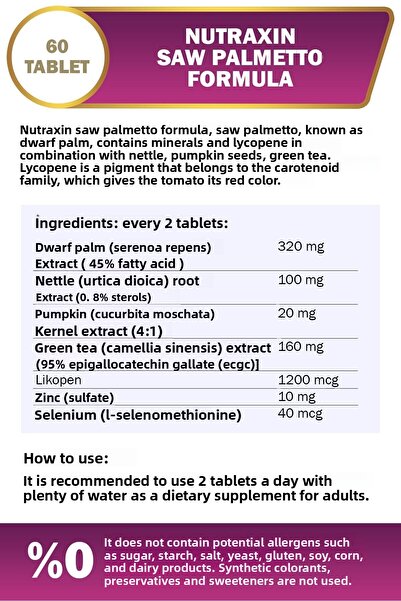 Nutraxin Nutraxi Saw Palmetto Formula 60 Tablets 2 Pieces