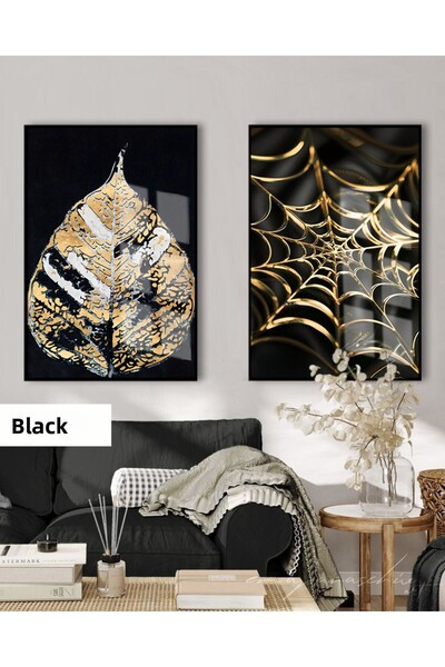 Harikabirev HARİKABİREV |   (YAPRAK-AĞ) SET ETNIC COMBINAT NEGRU&ARĂZIT DE AUR | TABLO DE STICLA CU CADRU 2 PIESE VERTICAL