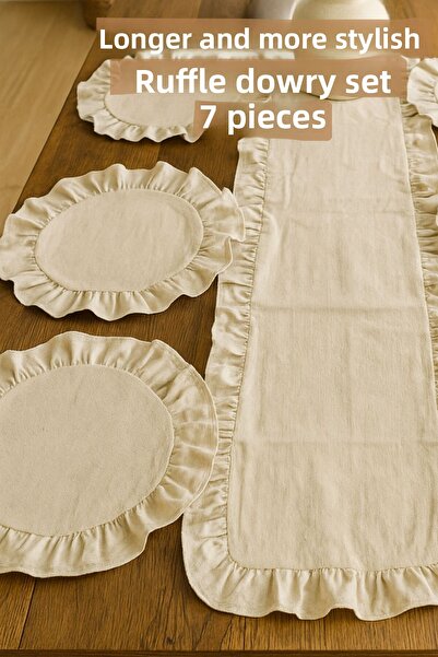 KAMİZ Ruffled Dowry Set Ruffled Linen Runner & 6-Piece Ruffled American Set Supla Set - Dowry Set