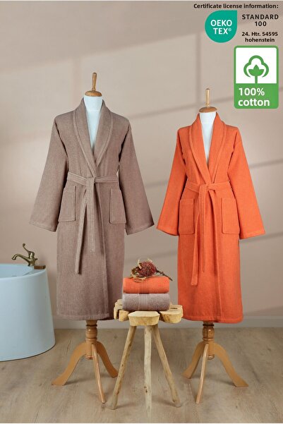 Ellaline 4 Piece Striped Bathrobe Set 100% Cotton Certified Family Towel Bathrobe Set Dowry Set Khv - Orange