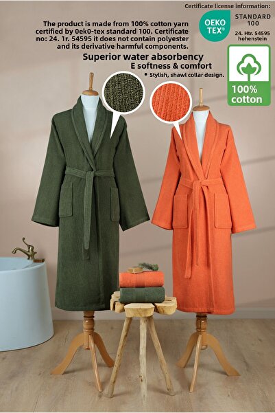 Ellaline Σετ μπουρνούζι 4 τεμαχίων ριγέ 100% βαμβάκι με πιστοποίηση, πλακάκι Shalyaka πορτοκαλί πράσινο οικογενειακό μπάνιο