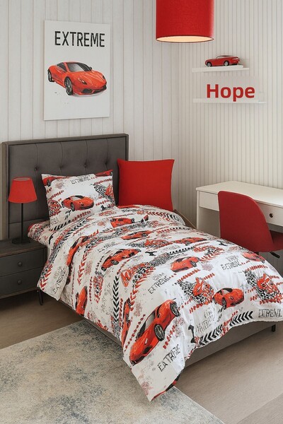 Violacasa Single Youth Room Duvet Cover Set with Elastic Sheet Red Car