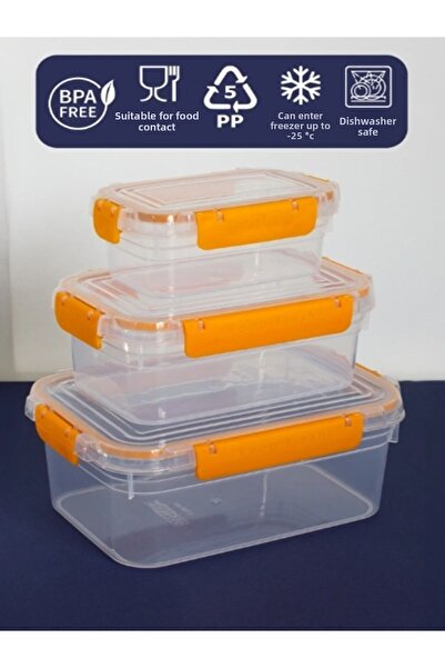 VİALEX Tight Set of 3 Sealed Rectangular Storage Containers (375-900-1700 ml) - Orange