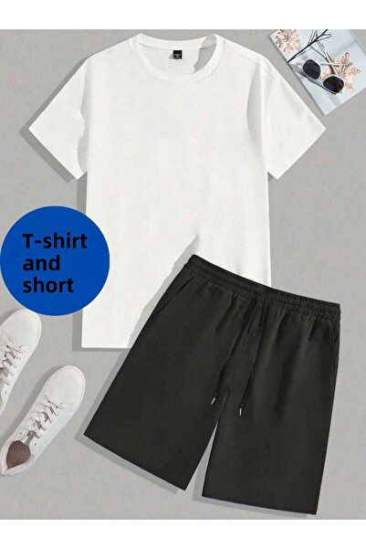 FUNSTYLE Men's Short Sleeve Black White Shorts Suit