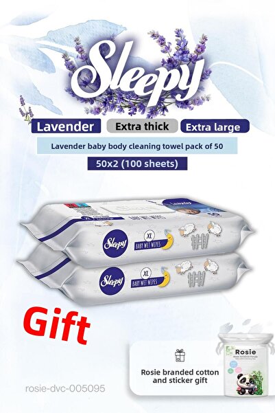 Sleepy 2 قطعة مناديل مبللة لتنظيف جسم الطفل باللافندر 50 قطعة وقطن روزي