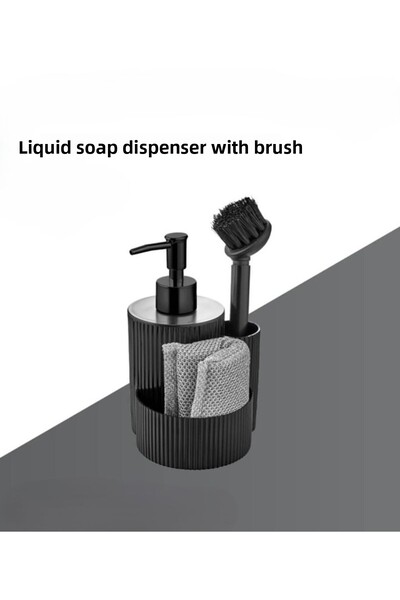 VİALEX Liquid Soap Dispenser Set Black Brush Sponge Kitchen and Bathroom Coun...