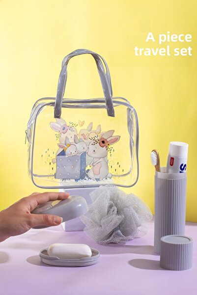 Porsima 3145 Rabbit Figured Travel Set - Toothbrush Box Bath Loofah Soap Box Travel Case Gray