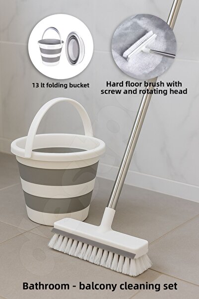 Destpak مجموعة تنظيف شرفة الحمام - دلو تنظيف قابل للطي سعة 13 لتر - فرشاة صلبة برأس دوار مع مسكة