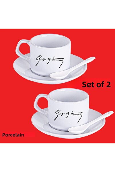 VRHediye Ataturk Special Design Printed Porcelain Set of 2 Cups with Porcelain Spoon Gift