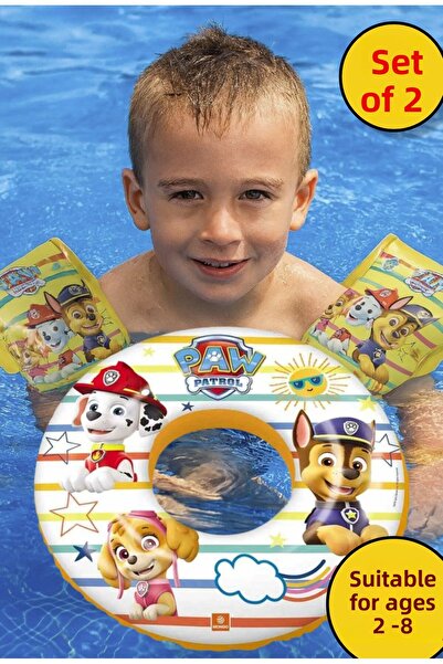 TOYFEST مجموعة مكونة من قطعتين من عوامة السباحة للأطفال على شكل باو باترول مقاس 50 سم وطقم أكمام مكون من قطعتين