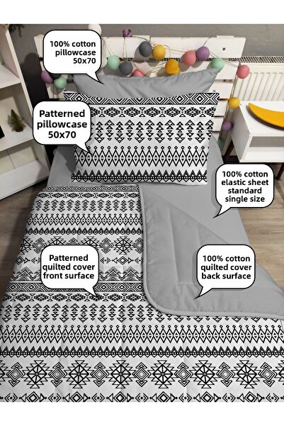 yok yok evim eve dair her şey Quilted Black Ethnic 4Piece(100% Cotton 120X200 Fitted Sheet) Single Bedspread Set