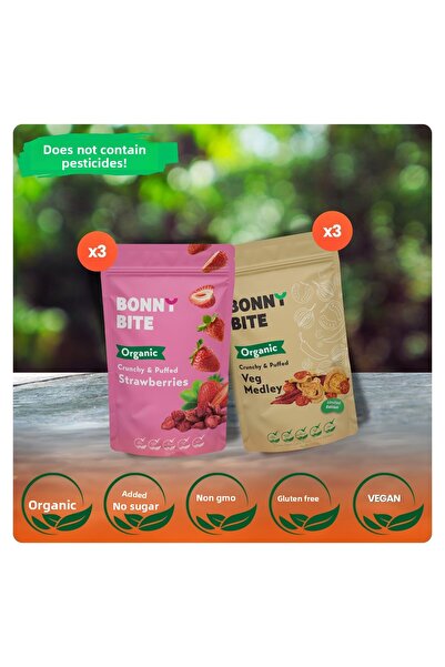 Bonny Bite فراولة مقرمشة عضوية وخضروات مقرمشة (فلفل حار، طماطم كرزية، بصل) عبوة من 6 قطع