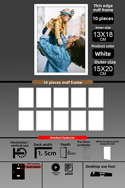 yhfoto 10 Pieces 13X18 Frame - Fine Slatted Frame - White Frame - 6mm Frame - Photo Frame