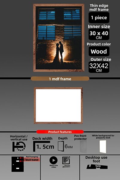 yhfoto 1 Buc 30x40 Cadru - Cadru A3 cu șipci subțiri - Cadru din lemn - 6mm -...