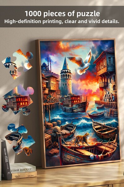 Meleni Toys 3 Pieces 1000 Piece Puzzle - Tranquility in the Port, Coastal Town and Galata Tower Landscape Puzzle 68X48 cm