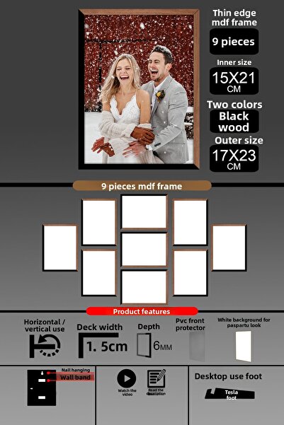 yhfoto 9 bucăți 15x21 rame - rame A5 cu șipci subțiri - 2 culori lemn negru - rame foto de 6 mm