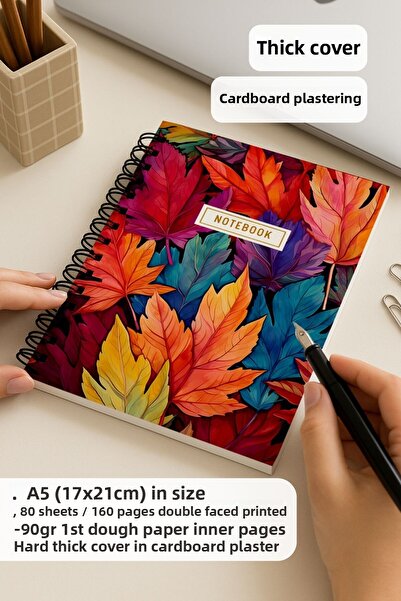 Eldesen Tasarım A5 Spiral Thick Cover Unlined Notepad, 80 Sheets 160 Pages, Colored Sheets