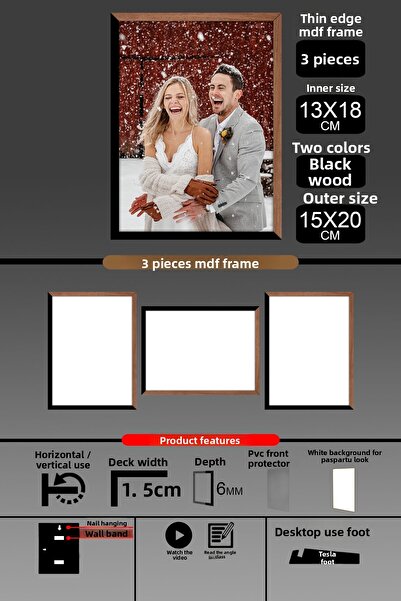 yhfoto 3 bucăți 13x18 rame - rame cu șipci subțiri - 2 culori lemn negru - rame foto de 6 mm