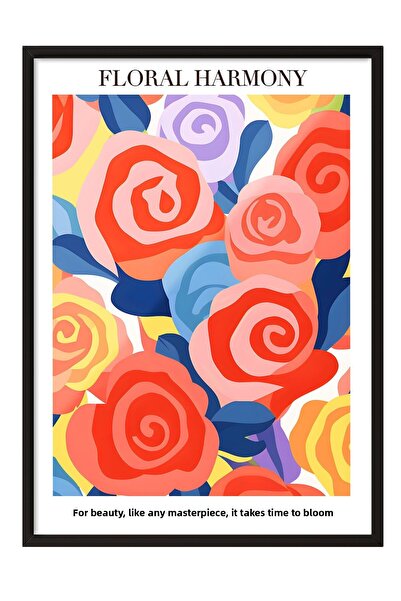 Zestia Εικόνα με μαύρο πλαίσιο, Πολύχρωμα τριαντάφυλλα, Γραπτή Φλοράλ Αρμονία...