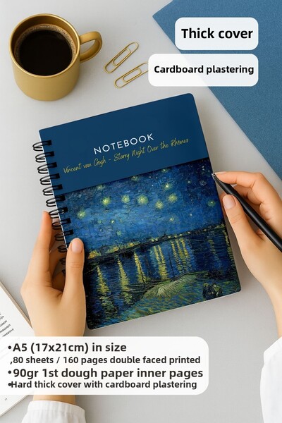 Eldesen Tasarım Van Gogh Thick Cover Checkered Notebook, A5 Size 80 Sheets 160 Pages, Checkered Notebook