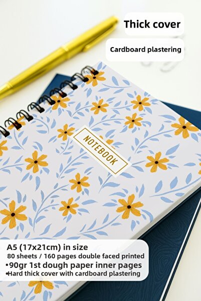 Eldesen Tasarım A5 Spiral Thick Cover Dotted Notepad, 80 Sheets 160 Pages, Daisy