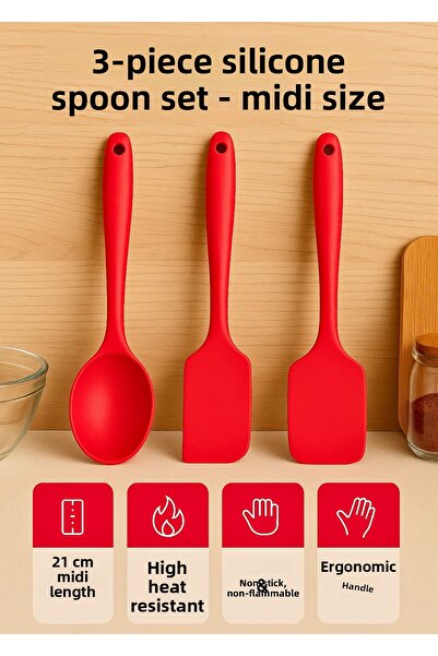 BRE HOME Set of 3 Silicone Spoons – 21 cm Midi Size – Red, Fireproof, Non-Stick, High Heat Resistant