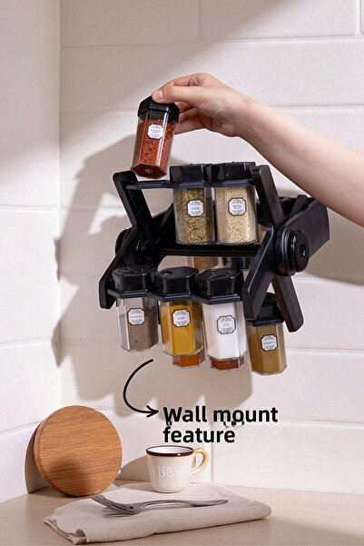 Nandy Home Set de 12 recipiente pentru condimente cu 2 etichete cadou din 30 de bucăți – 360 °   Suport rotativ, cu suport pentru agățat pe perete