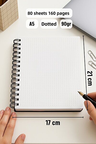 Eldesen Tasarım A5 Spiral Thick Cover Dotted Notepad, 80 Sheets 160 Pages, Autumn Leaves