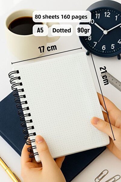 Eldesen Tasarım A5 Spiral Thick Cover Dotted Notepad, 80 Sheets 160 Pages, Blue Boholo