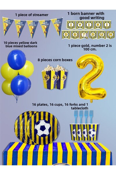 PartyPoo Yellow Navy Blue Fan Birthday Party Supplies Set for 16 People |   2...