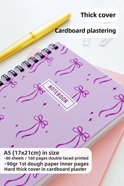 Eldesen Tasarım A5 Spiral Thick Cover Checkered Notepad, 80 Sheets 160 Pages, Purple Bow