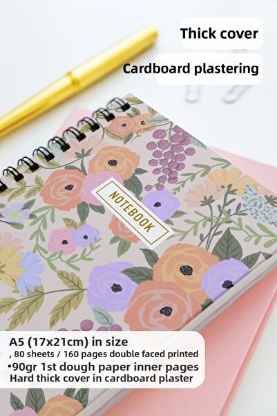 Eldesen Tasarım A5 Spiral Thick Cover Checkered Notepad, 80 Sheets 160 Pages, Cotton Candy