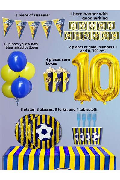 PartyPoo Yellow Navy Blue Fan Set of 8 Birthday Party Supplies |   10 Year Bi...