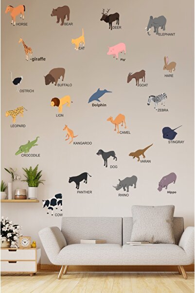 KT Decor مجموعة ملصقات حائط تعليمية بأسماء ورسومات حيوانات باللغة الإنجليزية