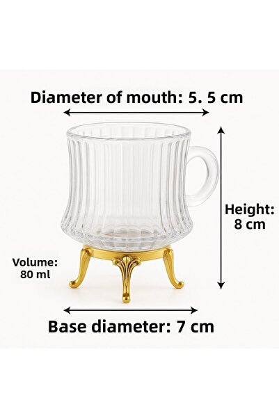 FAIR HOME Gold Metal Leg Line Pattern Glass Turkish Coffee-Espresso Cup Set – 6 Pieces
