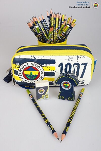Fenerbahçe Dekomus Licensed Pencil Bag, Set of 2 Lead Pencils, Eraser and Double Blade Pencil Sharpener