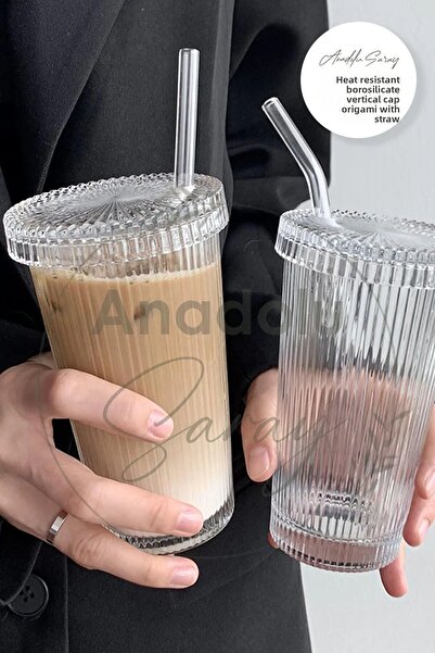 Anadolu Saray 2 Pieces Origami Shaped Coffee Presentation Cup with Heat Resistant Borosilicate Glass Lid and Straw