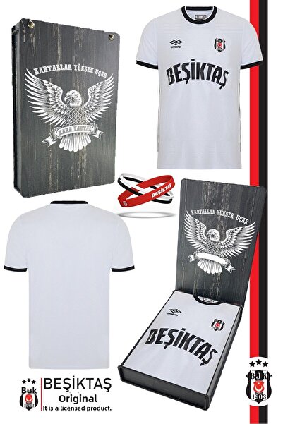 Beşiktaş طقم جيرسي أبيض نوستالجيا مرخص أصلي + طقم أساور مع صندوق خشبي هدية