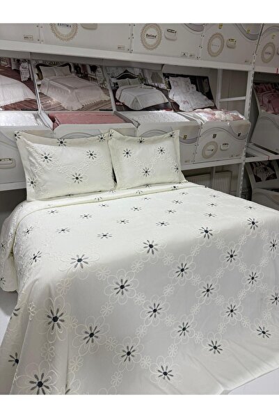 ESTİMA Aslan Tekstil Mira Floral Double Bedspread Ecru-Gray