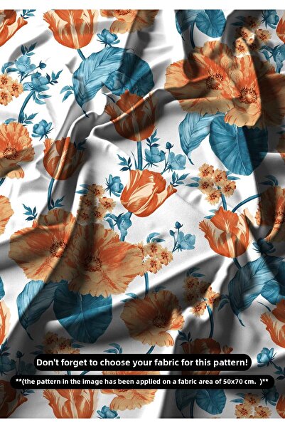 DESENİX KOPY قماش طباعة رقمية بنمط زهرة زرقاء برتقالية |   150x100 سم |   أسل...