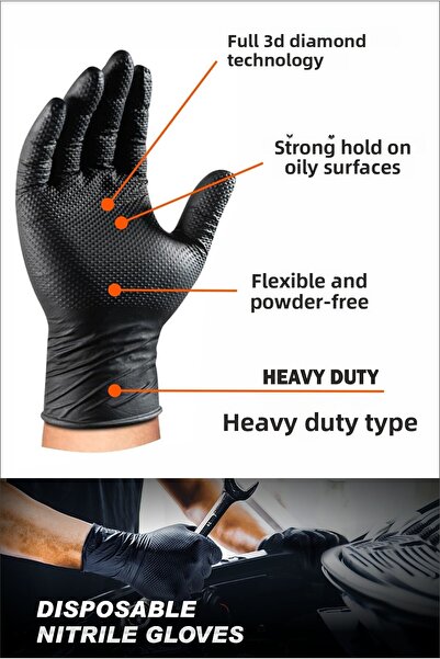 woodretro Diamond Textured Black Nitrile Gloves - X Large (3 Boxes) | Powder Free, Disposable, Durable No:10