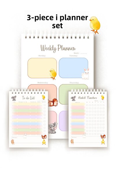 Handeto Kraft Cute Animals 3-Piece English Planner, Weekly Planner, Habit Tracker, Daily Planner