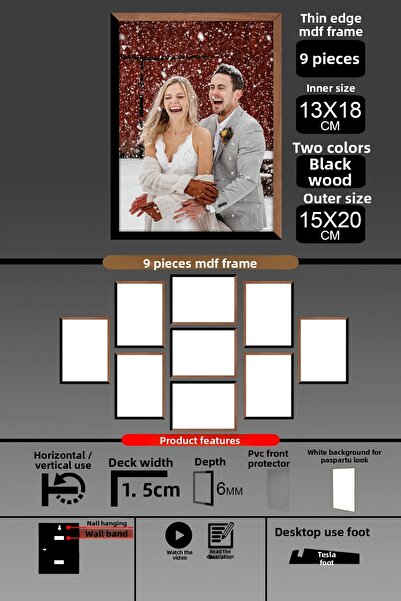 bymat 9 bucăți 13x18 rame - rame cu lamele subțiri - 2 culori lemn negru - rame de 6 mm rame foto